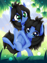 Size: 2160x2880 | Tagged: safe, artist:an-m, oc, oc only, oc:abstract module, oc:reflect decrypt, pony, bipedal, crossed legs, female, grass, high res, holding a pony, looking at you, mare, twins
