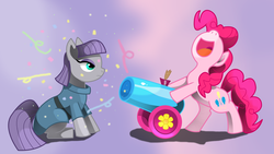 Size: 2920x1644 | Tagged: dead source, safe, artist:angelwaveo6, maud pie, pinkie pie, g4, the gift of the maud pie, confetti, party cannon