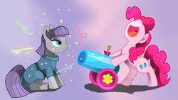 Size: 2920x1644 | Tagged: dead source, safe, artist:angelwaveo6, maud pie, pinkie pie, g4, my little pony: friendship is magic, the gift of the maud pie, confetti, party cannon