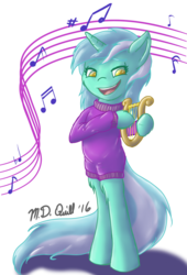 Size: 871x1280 | Tagged: safe, artist:m_d_quill, lyra heartstrings, g4, clothes, female, lyre, music, music notes, solo, sweater, turtleneck