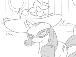 Size: 800x600 | Tagged: safe, artist:vulapa, rarity, pony, unicorn, g4, carousel boutique, cute, cyoa, cyoa:life in ponyville, female, glasses, glasses rarity, grayscale, hat, monochrome, smiling, solo, story included