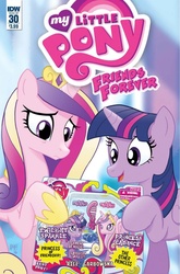 Size: 932x1414 | Tagged: safe, artist:tony fleecs, idw, princess cadance, twilight sparkle, alicorn, pony, friends forever #30, g4, my little pony: friends forever, spoiler:comic, best pony, brushable, comic, cover, disappointed, disapproval, duo, female, hoof hold, kung fu grip, mare, meta, sad, sisters-in-law, smiling, toy, twilight sparkle (alicorn)