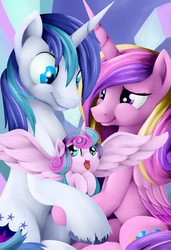 Size: 3900x5700 | Tagged: safe, artist:grennadder, princess cadance, princess flurry heart, shining armor, g4, family, family photo, open mouth, smiling, spread wings