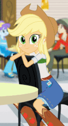 Size: 246x453 | Tagged: safe, edit, edited screencap, editor:paragonaj, screencap, applejack, equestria girls, g4, my little pony equestria girls: rainbow rocks, animated, boots, cafe, clothes, cropped, cute, earbuds, female, hat, headbob, ipod, looking at you, loop, mp3 player, pocket, sitting, skirt, smiling, solo