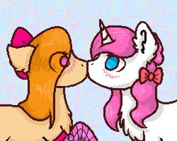 Size: 750x600 | Tagged: safe, artist:sweesear, oc, oc only, oc:sweesery, earth pony, pony, unicorn, bow, clothes, duo, female, hair bow, kissing, lesbian, pixel art, socks
