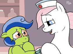 Size: 1600x1200 | Tagged: safe, artist:pony quarantine, nurse redheart, oc, earth pony, pony, g4, crying, duo, foal, injection, looking at each other, open mouth, scared, teary eyes, trypanophobia, vaccination
