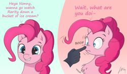 Size: 1754x1029 | Tagged: safe, artist:wonkysole, pinkie pie, oc, oc:anon, earth pony, human, pony, g4, 2016, blushing, boop, bust, chest fluff, cute, dialogue, diapinkes, disembodied hand, hand, offscreen character, old art, onomatopoeia, poof, portrait