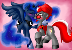 Size: 1024x716 | Tagged: safe, artist:manga51, princess luna, oc, oc:hyper active, g4, blushing, canon x oc, clothes, couple, cute, female, fluffy, hat, hoof hold, kissing, lunabetes, male, shipping, signature, simple background, straight, sunglasses, surprise kiss, torn ear, wide eyes