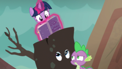 Size: 1920x1080 | Tagged: safe, screencap, rarity, spike, twilight sparkle, alicorn, pony, g4, gauntlet of fire, book, disguise, female, levitation, magic, mare, notebook, telekinesis, tree costume, twilight sparkle (alicorn)