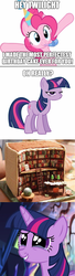 Size: 608x2239 | Tagged: safe, artist:applegeek83, pinkie pie, twilight sparkle, alicorn, pony, g4, book, cake, crying, food, meme, tears of joy, that pony sure does love books, twilight sparkle (alicorn), unamused