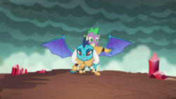 Size: 1920x1080 | Tagged: safe, screencap, princess ember, spike, dragon, g4, gauntlet of fire, armor, crystal, dragon armor, dragoness, dragons riding dragons, duo, female, male, riding, spike riding ember, spread wings, superhero landing, wings