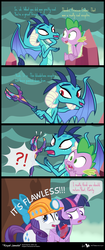 Size: 820x1960 | Tagged: safe, artist:dm29, princess ember, rarity, spike, twilight sparkle, alicorn, dragon, pony, unicorn, g4, gauntlet of fire, 4 panel comic, and then there's rarity, bloodstone scepter, bow, comic, cross-eyed, derp, dragon lord ember, female, gem, greedity, helmet, levitation, magic, mare, mining helmet, stealing, telekinesis, this will end in tears and/or death, this will end in war, twilight sparkle (alicorn)