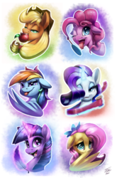 Size: 900x1366 | Tagged: safe, artist:tsitra360, applejack, fluttershy, pinkie pie, rainbow dash, rarity, twilight sparkle, g4, apple, bust, button, candy, food, hair hold, lollipop, magic, mane six, mouth hold, portrait, quill, ribbon, telekinesis, tongue out