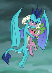 Size: 1024x1441 | Tagged: safe, artist:loreto-arts, princess ember, spike, dragon, g4, gauntlet of fire, blushing, female, hug, male, protecting, ship:emberspike, shipping, straight