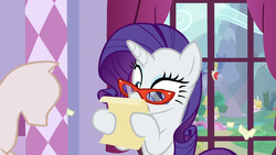 Size: 1280x720 | Tagged: safe, screencap, rarity, canterlot boutique, g4, glasses, letter, mannequin, ponyville