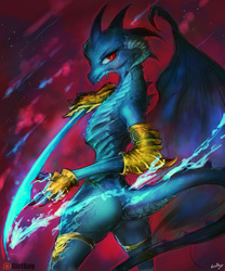 Size: 1583x1900 | Tagged: safe, artist:girlsay, princess ember, dragon, g4, gauntlet of fire, ass, badass, butt, dragon armor, dragoness, female, looking at you, looking back, looking back at you, patreon, patreon logo, scimitar, smoke, solo, stars, sword, volcano, weapon