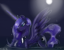 Size: 1166x920 | Tagged: safe, artist:nadvgia, princess luna, g4, female, magic, moon, night, solo, spread wings, water, wet