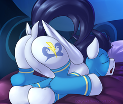 Size: 2933x2480 | Tagged: safe, artist:dripponi, artist:lattynskit, soarin', pony, g4, bed, butt, clothes, dock, face down ass up, featureless crotch, high res, male, plot, sleeping, soarass, socks, solo