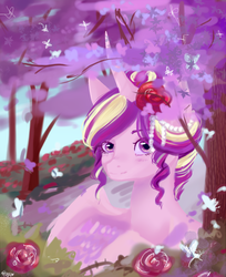 Size: 982x1201 | Tagged: safe, artist:antropix, princess cadance, g4, alternate hairstyle, female, flower, flower in hair, forest, prone, rose, solo