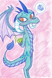 Size: 2188x3228 | Tagged: safe, artist:deeemperor, princess ember, spike, dragon, g4, gauntlet of fire, blushing, cute, drawing, emberbetes, female, gem, high res, looking at you, male, ship:emberspike, shipping, solo, straight, traditional art, tsundember, tsundere