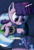 Size: 2000x2933 | Tagged: safe, artist:shieltar, part of a set, princess luna, twilight sparkle, pony, unicorn, comic:giant twilight, g4, angry, cloud, comic, cute, dialogue, edible heavenly object, giant pony, giantess, high res, luna is not amused, macro, mega twilight sparkle, moon, part of a series, planet, size difference, stars, tangible heavenly object, unicorn twilight, yelling