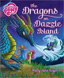Size: 413x500 | Tagged: safe, artist:mary jane begin, blue topaz, fluttershy, spike, dragon, pony, g4, my little pony: the dragons on dazzle island, book, cover, dragoness, female, male, mare, snorting