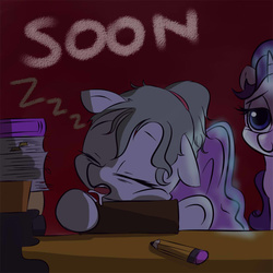 Size: 900x900 | Tagged: safe, artist:vincentjiang0v0, starlight glimmer, oc, pony, g4, book, drool, duo, sleeping, soon, text, traditional art, zzz