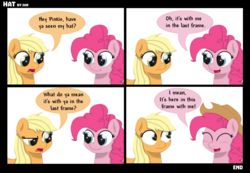 Size: 1630x1130 | Tagged: safe, artist:ljdamz1119, applejack, pinkie pie, g4, breaking the fourth wall, comic, hat, smiling, speech bubble