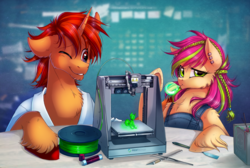Size: 2335x1567 | Tagged: safe, artist:limreiart, oc, oc only, earth pony, pony, unicorn, 3d printer, braid, bubblegum, clothes, food, knife, looking at you, overalls, piercing, pvc, russian, shirt, tools, tweezers, unshorn fetlocks