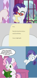 Size: 998x2056 | Tagged: safe, artist:empyu, rarity, sweetie belle, pony, unicorn, g4, book, carousel boutique, crossing the memes, glasses, mannequin, meme, reading, sweetie belle's book