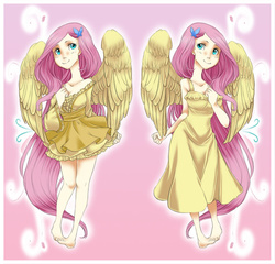 Size: 828x794 | Tagged: safe, artist:zoe-productions, fluttershy, human, g4, barefoot, clothes, comparison, cosplay, costume, dress, feet, female, humanized, self paradox, solo, winged humanization