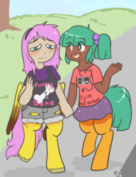 Size: 1135x1475 | Tagged: safe, artist:mt, oc, oc only, oc:mudpie, oc:thorn, satyr, clothes, holding hands, parent:fluttershy, parent:snails