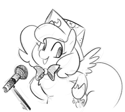 Size: 648x581 | Tagged: safe, artist:egophiliac, princess luna, pony, moonstuck, g4, black and white, bowtie, cartographer's cap, cute, filly, grayscale, hat, microphone, monochrome, sketch, stand-up comedy, woona