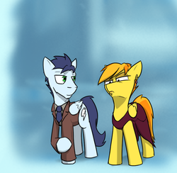 Size: 800x780 | Tagged: safe, artist:captainhoers, soarin', spitfire, pegasus, pony, g4, blue background, clothes, duo, evening dress, simple background