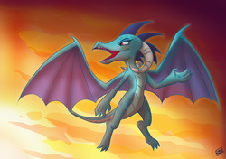 Size: 5016x3541 | Tagged: safe, artist:dinodraketakethecake, princess ember, dragon, g4, female, flying, solo, sunset