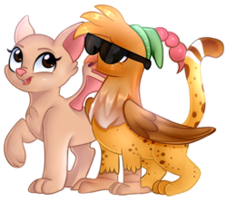 Size: 1569x1392 | Tagged: safe, artist:sugguk, oc, oc only, oc:astrid, oc:squiggles, griffon, manticore, sunglasses