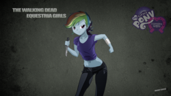 Size: 2560x1440 | Tagged: safe, artist:ngrycritic, artist:uotapo, rainbow dash, equestria girls, g4, amc, bandage, belly button, clothes, crossover, equestria girls logo, female, knife, pants, solo, style emulation, the walking dead, tight clothing, uotapo-ish, weapon