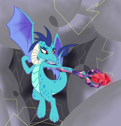 Size: 1000x1040 | Tagged: safe, artist:brownie-bytes, princess ember, dragon, g4, gauntlet of fire, bloodstone scepter, cloud, dragon lord ember, female, lightning, magic, solo