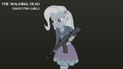 Size: 1191x670 | Tagged: safe, artist:ngrycritic, trixie, equestria girls, g4, amc, clothes, crossover, gun, skirt, the walking dead, weapon