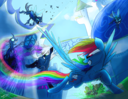 Size: 1024x800 | Tagged: safe, artist:namiwami, rainbow dash, oc, changeling, pegasus, pony, unicorn, g4, canterlot, fight, flying, grin, looking back, smiling, spread wings, wings