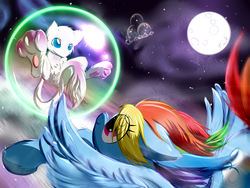 Size: 1408x1056 | Tagged: safe, artist:frist44, rainbow dash, dugtrio, mew, g4, crossover, pokémon, pokémon snap, space, stars