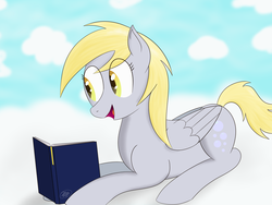 Size: 1600x1200 | Tagged: safe, artist:m2mcgrath, derpy hooves, pegasus, pony, g4, book, cloud, female, mare, solo, underp