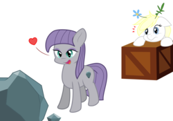 Size: 3000x2102 | Tagged: safe, artist:randy, artist:vectorfag, maud pie, oc, oc:aryanne, earth pony, pony, g4, camouflage, crate, cute, female, heart, high res, rock, shipping fuel, simple background, smiling, spying, standing, surprised, transparent background, vector, vectorfied