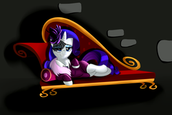 Size: 6000x4000 | Tagged: safe, artist:wilshirewolf, rarity, g4, rarity investigates, absurd resolution, bowtie, clothes, couch, detective, detective rarity, draw me like one of your french girls, dress, fainting couch, female, looking at you, noir, on side, scene interpretation, smiling, solo, that was fast
