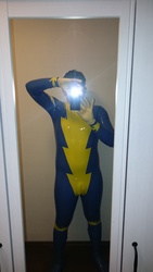 Size: 2160x3840 | Tagged: safe, human, clothes, cosplay, costume, high res, irl, irl human, latex, latex suit, male, mirror, photo, selfie, solo, wonderbolts uniform