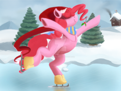 Size: 1600x1200 | Tagged: safe, artist:pajama-ham, pinkie pie, g4, clothes, female, holly, holly mistaken for mistletoe, ice skates, ice skating, missing cutie mark, scarf, snow, solo, winter