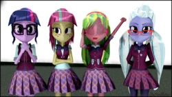 Size: 1024x576 | Tagged: safe, artist:butterflyteto, lemon zest, sci-twi, sour sweet, sugarcoat, twilight sparkle, equestria girls, g4, my little pony equestria girls: friendship games, 3d, clothes, crossed arms, crystal prep academy uniform, crystal prep shadowbolts, glasses, headphones, school uniform