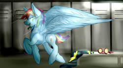 Size: 1024x569 | Tagged: safe, artist:loladotz, rainbow dash, g4, eyes closed, female, headphones, locker room, queen (band), singing, solo, we are the champions, wonderbolts uniform
