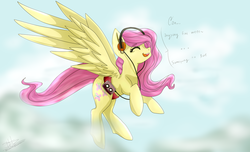 Size: 1024x621 | Tagged: safe, artist:loladotz, fluttershy, g4, cloud, eyes closed, female, flying, headphones, queen (band), singing, solo, walkman