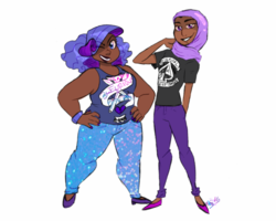 Size: 500x400 | Tagged: safe, artist:riddlemeroxy, rarity, twilight sparkle, human, g4, asexual, bisexual pride flag, bisexuality, bracelet, clothes, dark skin, female, flats, headcanon, high heels, hijab, humanized, jeans, jewelry, lgbt headcanon, lowres, one eye closed, pants, pride, sexuality headcanon, shoes, smiling, tank top, wink
